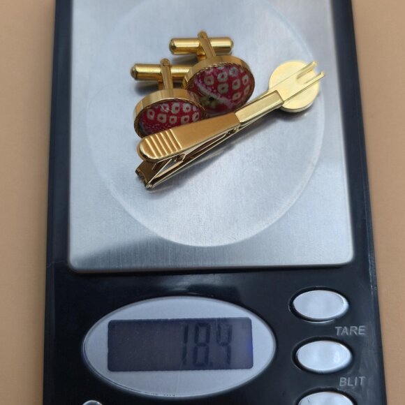 Gold And Red Floral Tie Clip And Cuff Links Set B791 - Picture 7 of 7